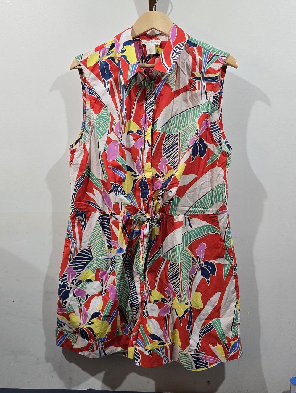 Cynthia Rowley XL Tropical Floral Cotton Tie Front Romper Red Retro Inspired